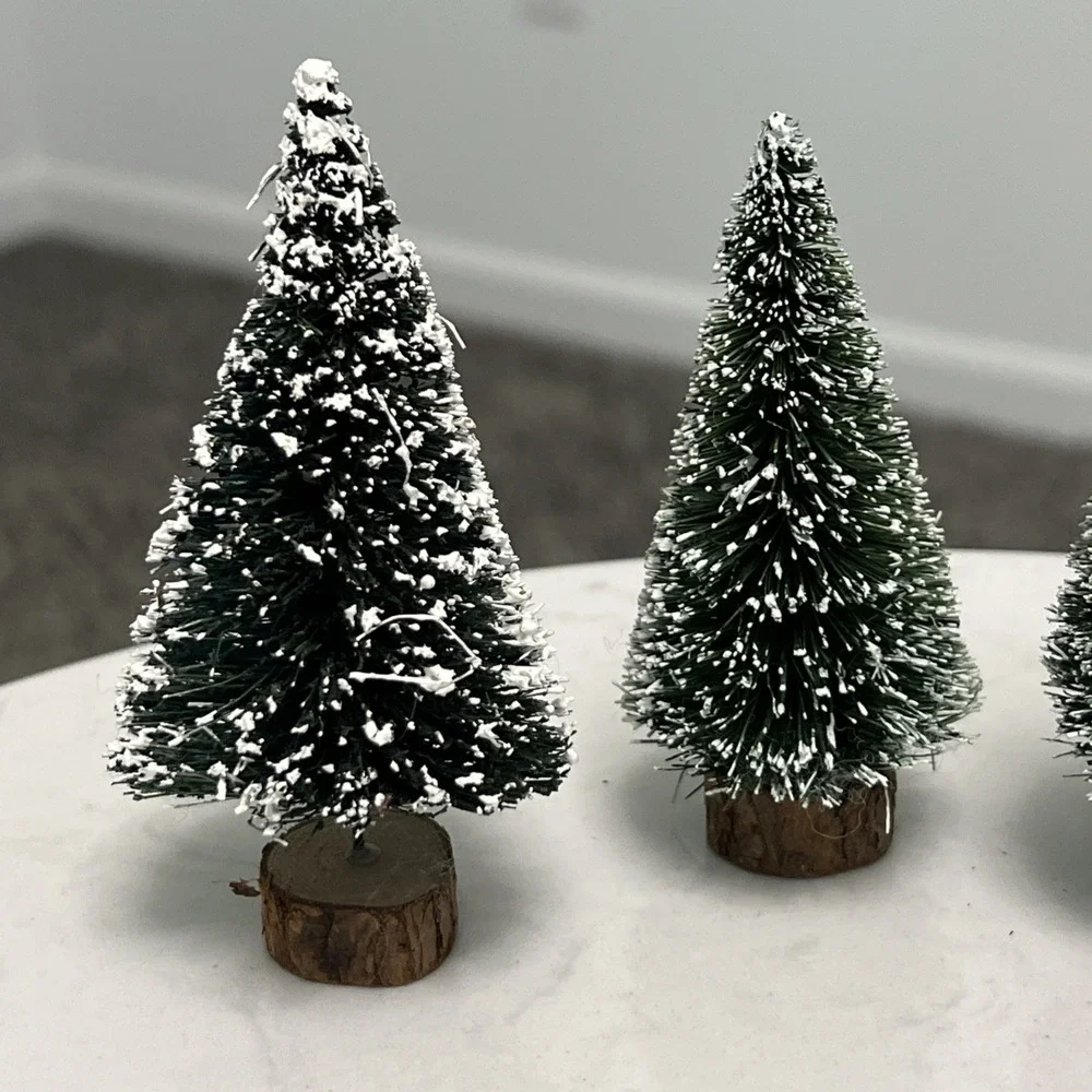 Dept 56 Christmas Village Frosted Flocked Topiary Bottle Brush Trees Lot of 4‎